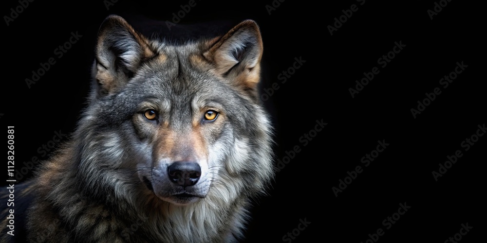 Majestic grey wolf against a dark black background, wolf, predator, wildlife, nature, animal, majestic, grey, black Majestic grey wolf against a dark black background, wolf, predator, wildlife, nature, animal, majestic, grey, black