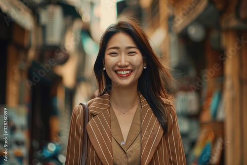 Happy Asian businesswoman in brown blazer commutes to work.