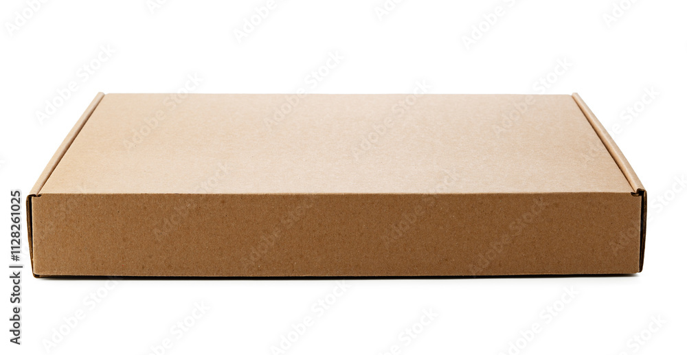 A plain cardboard box resting on a flat surface ready for shipping A plain cardboard box resting on a flat surface ready for shipping