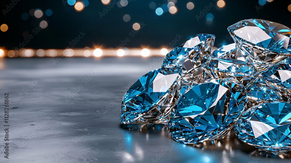 Fototapeta premium A collection of sparkling blue diamonds on a reflective surface with a blurred light background, showcasing luxury and elegance.