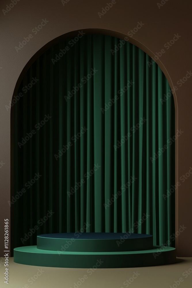 Green podium scene with an arch and green curtain, creating a sense of depth. The background is dark brown Green podium scene with an arch and green curtain, creating a sense of depth. The background is dark brown