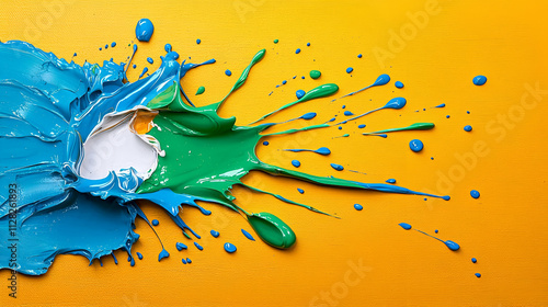 Vibrant splashes of blue and green paint against a bright orange background, showcasing dynamic movement and creativity.