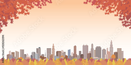 秋の紅葉の街並みイラスト.