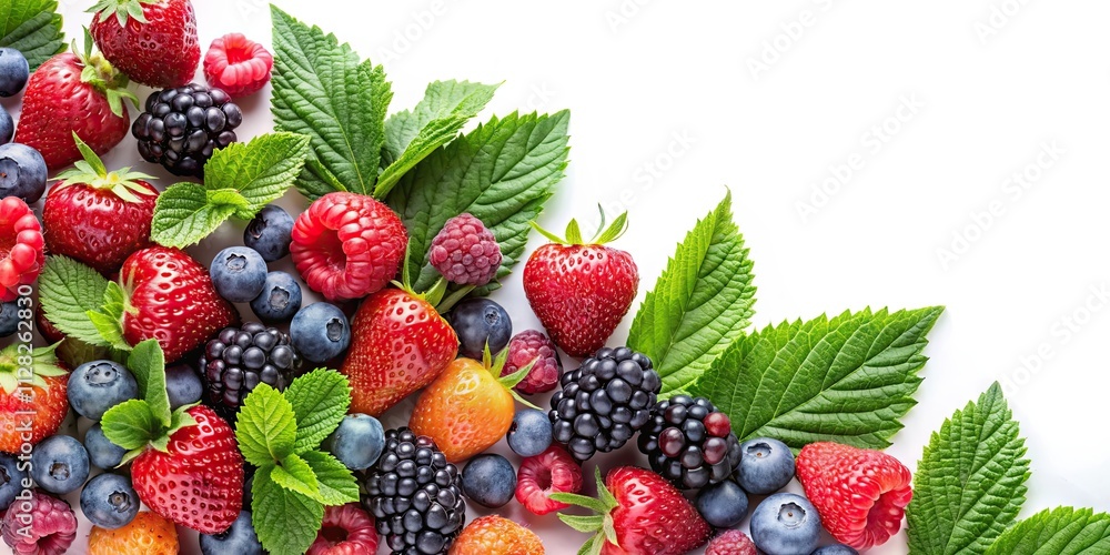 Composition of fresh berries and green leaves, berries, leaves, fresh, vibrant, colorful, natural, organic, healthy, summer Composition of fresh berries and green leaves, berries, leaves, fresh, vibrant, colorful, natural, organic, healthy, summer