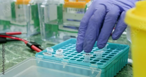 A scientist uses his hand to move and sort small test tubes with samples in a cryogenic container, close-up.