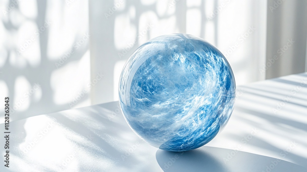 Blue glass sphere on white table with light patterns. Blue glass sphere on white table with light patterns.