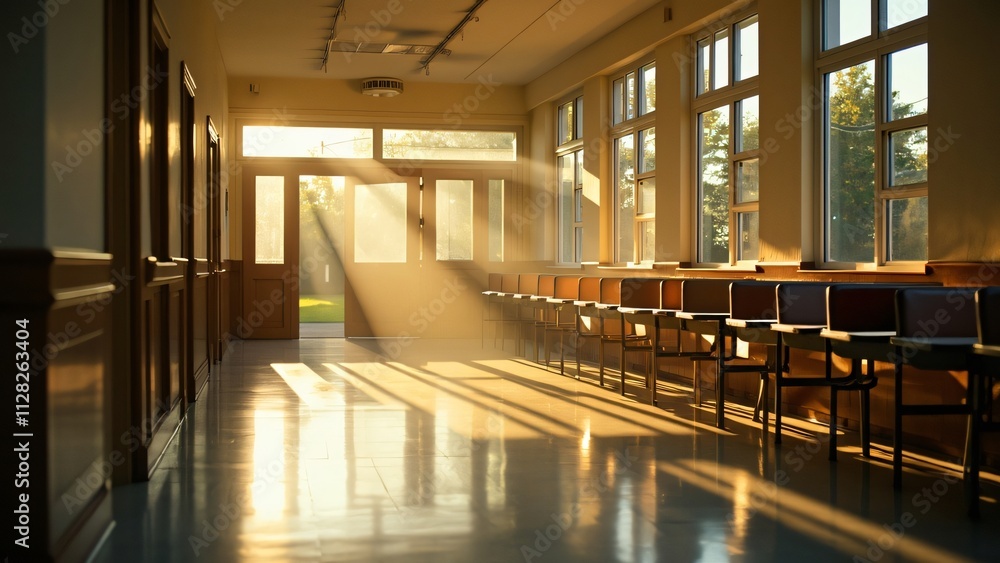 Fototapeta premium Sunlit School Hallway with Rows of Desks and Bright Windows, Back to School Education Concept