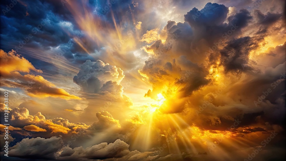 Naklejka premium Cloudscape with golden sun shining through dramatic dark stormy clouds, cloudscape, sun, stormy, dark, dramatic, weather