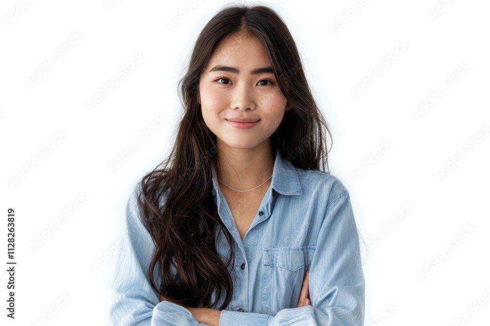 Happy Asian woman with long hair in blue shirt. Happy Asian woman with long hair in blue shirt.
