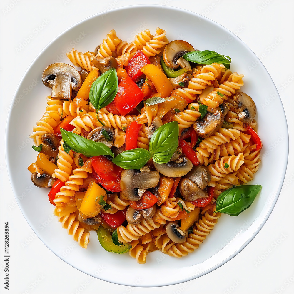 Portion of vegetarian fusilli pasta with tomato, basil and hot peppers on a plate on a light table Portion of vegetarian fusilli pasta with tomato, basil and hot peppers on a plate on a light table