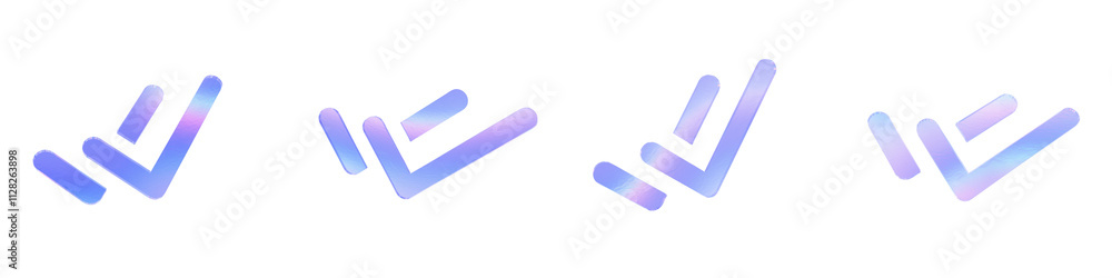 Set of 4 3d glass double check mark shape with aberration effect isolated on a transparent background. Blue tone. 3d transparent elements for graphic design. Set of 4 3d glass double check mark shape with aberration effect isolated on a transparent background. Blue tone. 3d transparent elements for graphic design.