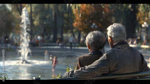 A photograph of an elderly couple sitting on a park bench, reading a book together