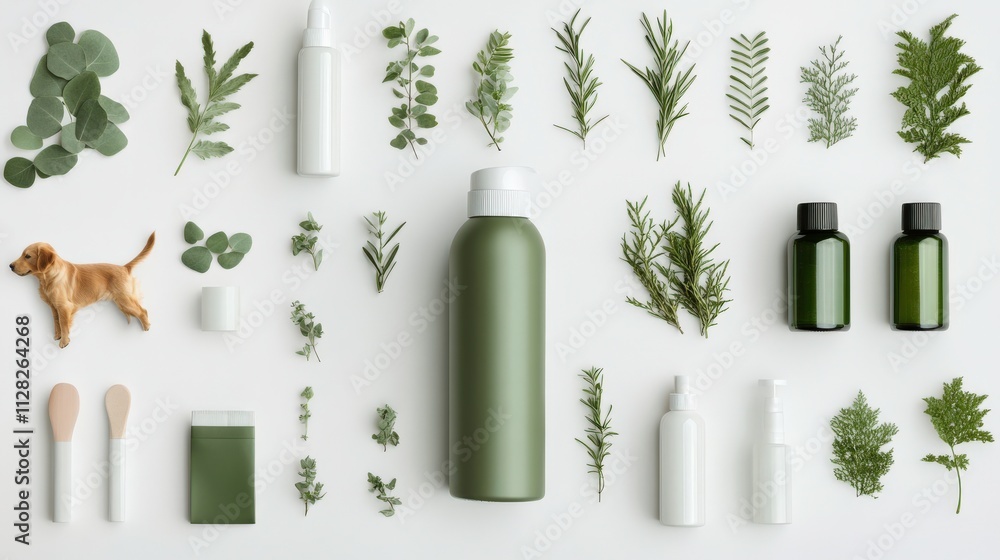 Elegant Arrangement of Natural Elements and Eco-Friendly Bottles with Green Tones, Leaves, Dog Figurine, and Organic Products on a White Background Elegant Arrangement of Natural Elements and Eco-Friendly Bottles with Green Tones, Leaves, Dog Figurine, and Organic Products on a White Background