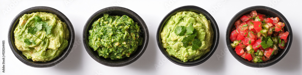 Bowl of delicious guacamole with parsley isolated on white, top view Bowl of delicious guacamole with parsley isolated on white, top view