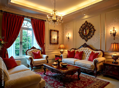 Interior of a home decorated for Diwali with lights, flowers, and hanging ornaments photo