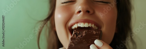 Woman Enjoying Delicious Dark Chocolate Bar