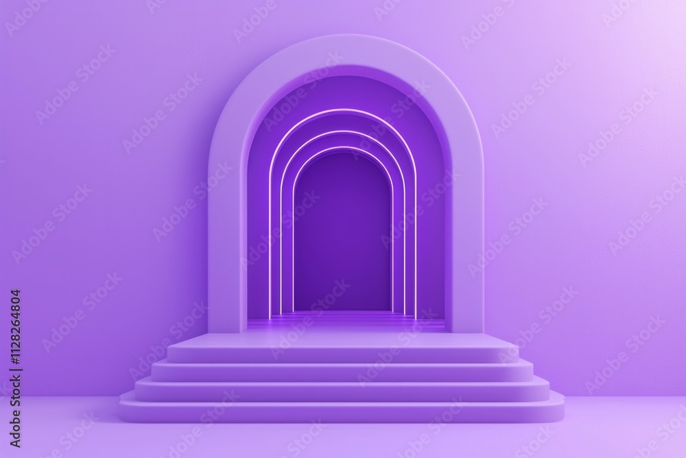 Purple empty room background, symmetrical composition, an open door in the center Purple empty room background, symmetrical composition, an open door in the center
