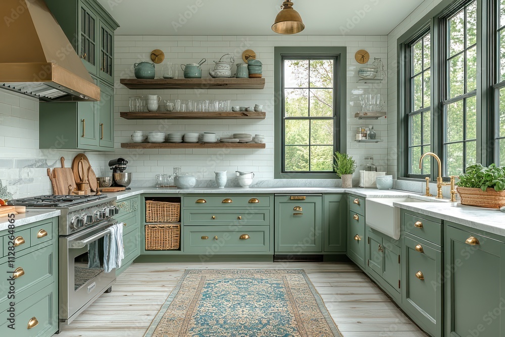custom made wallpaper toronto digitalFarmhouse kitchen with sage green cabinets, white quartz countertops, and open shelving. (1)