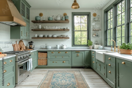Wallpaper Mural Farmhouse kitchen with sage green cabinets, white quartz countertops, and open shelving. (1) Torontodigital.ca