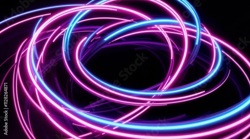 Neon light trails in vibrant pink and blue on a dark background.