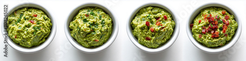 Bowl of delicious guacamole with parsley isolated on white, top view