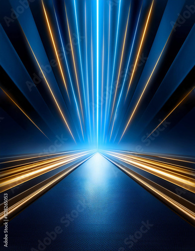 Dark blue neon light with rays of gold abstract night empty scen
