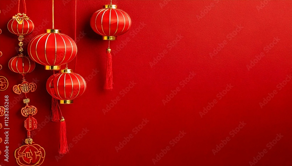 Chinese New Year on a red background with lantern ornaments Chinese New Year on a red background with lantern ornaments