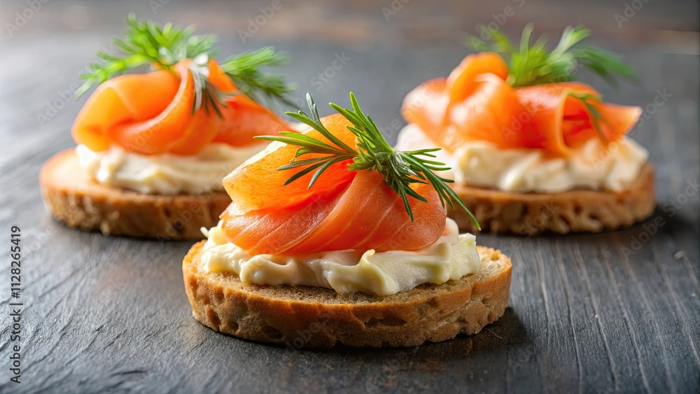 Canape topped with creamy spread and smoked salmon, appetizer, hors d'oeuvre, snack, gourmet, treat, luxury, elegant Canape topped with creamy spread and smoked salmon, appetizer, hors d'oeuvre, snack, gourmet, treat, luxury, elegant