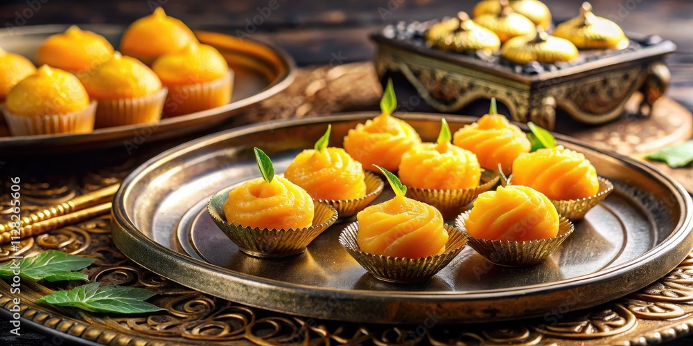 Low light captures the exquisite detail of golden Thai desserts on a silver tray, an Oriental feast. Low light captures the exquisite detail of golden Thai desserts on a silver tray, an Oriental feast.