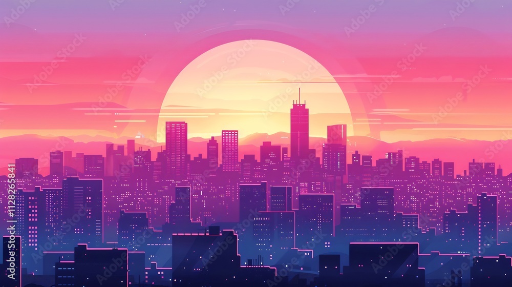 Sunset Cityscape: A Vibrant Pink and Purple Metropolis at Dusk Sunset Cityscape: A Vibrant Pink and Purple Metropolis at Dusk