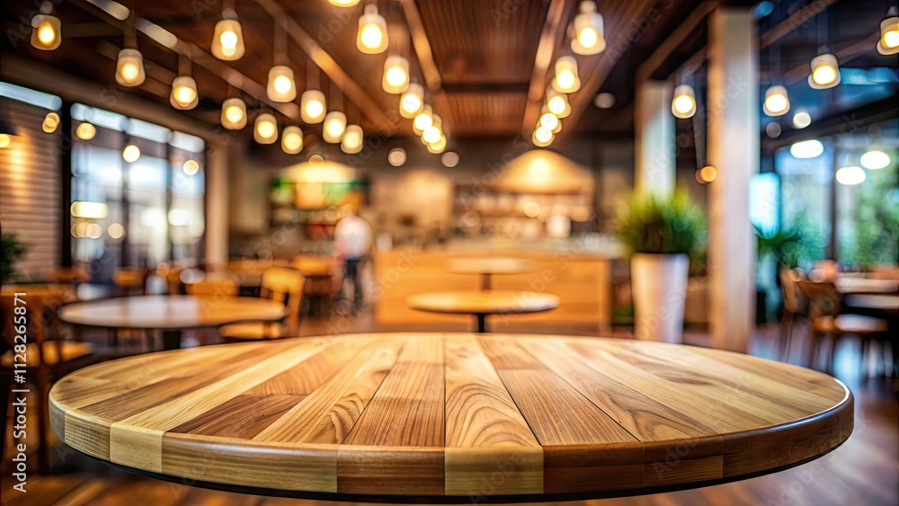 Empty wooden table top of a round shape with blurred restaurant background for product display montage, restaurant, wood Empty wooden table top of a round shape with blurred restaurant background for product display montage, restaurant, wood