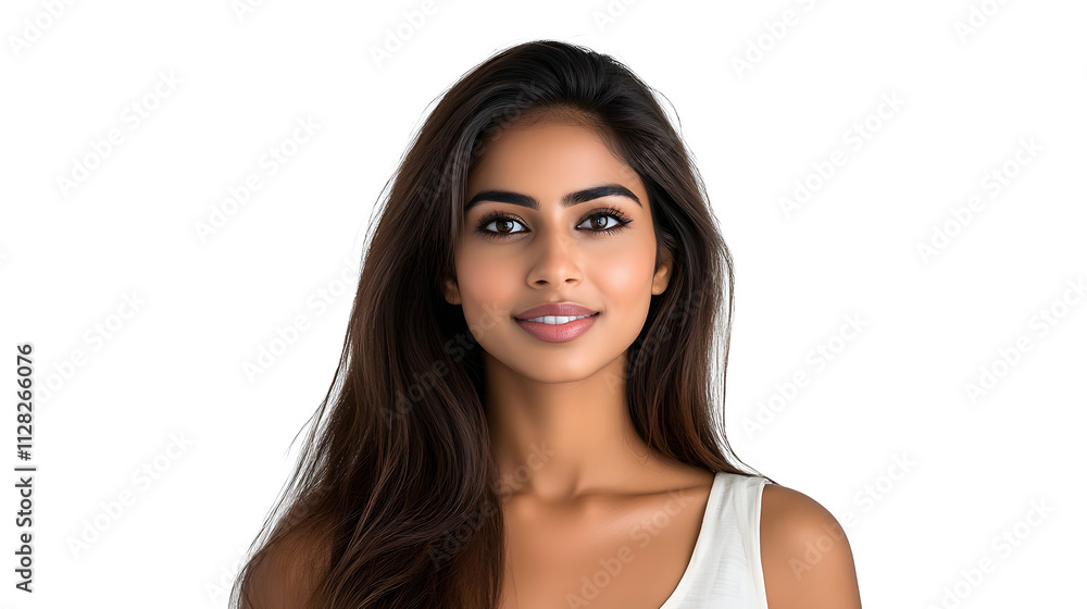 portrait of an attractive indian female in her 30s with long brown hair isolated against a white background portrait of an attractive indian female in her 30s with long brown hair isolated against a white background