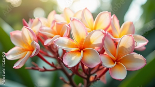 Vibrant Frangipani Flowers, Delicate Pink Petals Unfolding Like Stars Against a Pristine White Background, Lush Tropical Greenery, Soft Morning Light