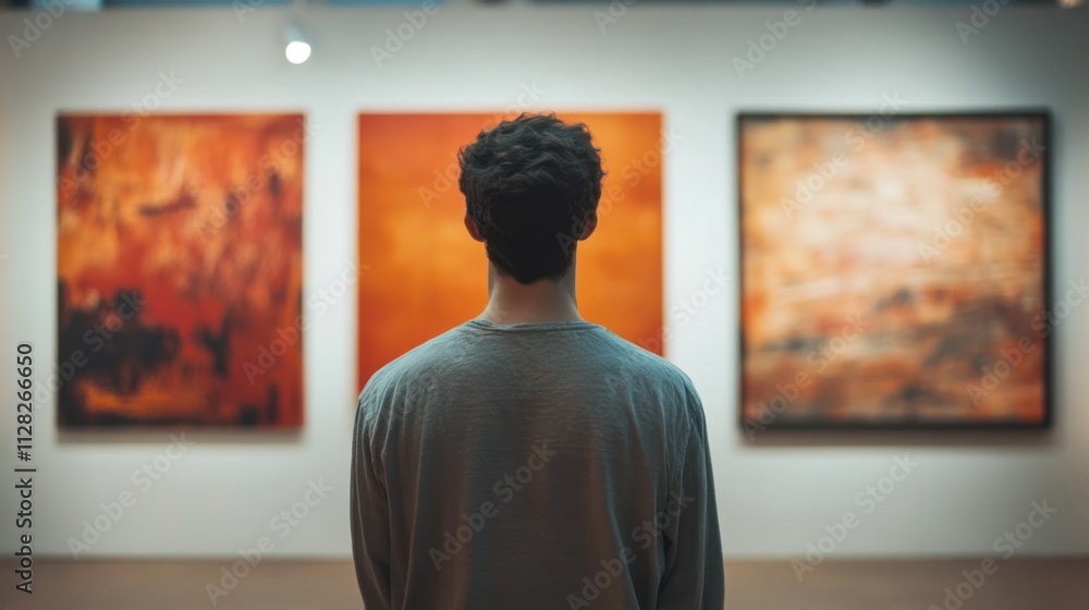 A young man creates muted orange tone art, bringing warmth to galleries and appealing to a wide audience of people A young man creates muted orange tone art, bringing warmth to galleries and appealing to a wide audience of people