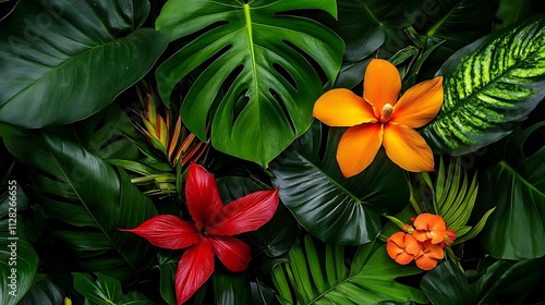 Vibrant Tropical Flowers and Lush Foliage: A Close-Up Photography AI Generated