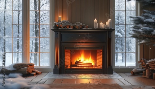 A cozy living room with a fireplace glowing softly, surrounded by snow-covered windows.