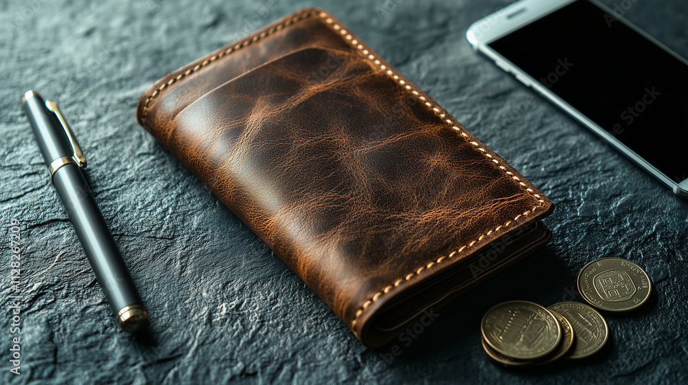 Stylish leather wallet with modern accessories on dark slate Stylish leather wallet with modern accessories on dark slate