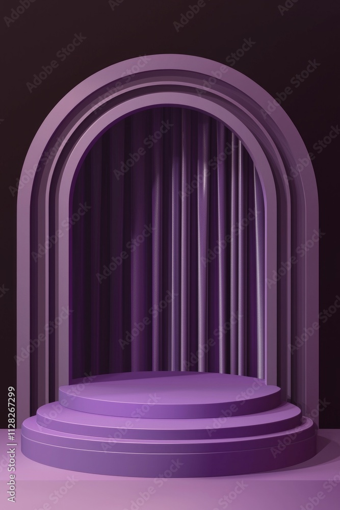 Purple podium scene with an arch and purple curtain, creating a sense of depth. The background is dark brown Purple podium scene with an arch and purple curtain, creating a sense of depth. The background is dark brown