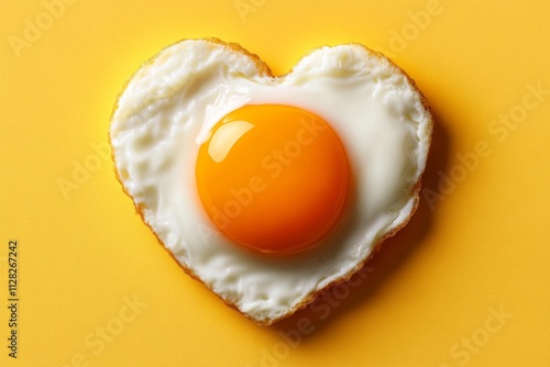 Close-up heart-shaped fried egg bright yellow background center A heart shaped