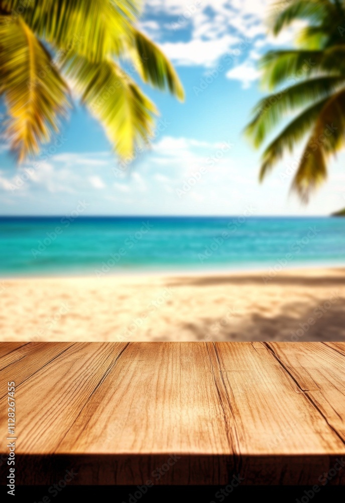 Close-up wooden table top beautiful view tropical beach Empty product display Close-up wooden table top beautiful view tropical beach Empty product display