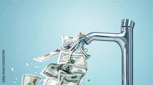 Money flowing out of a faucet on light blue background, symbolizing financial waste or wealth flowing concept. photo