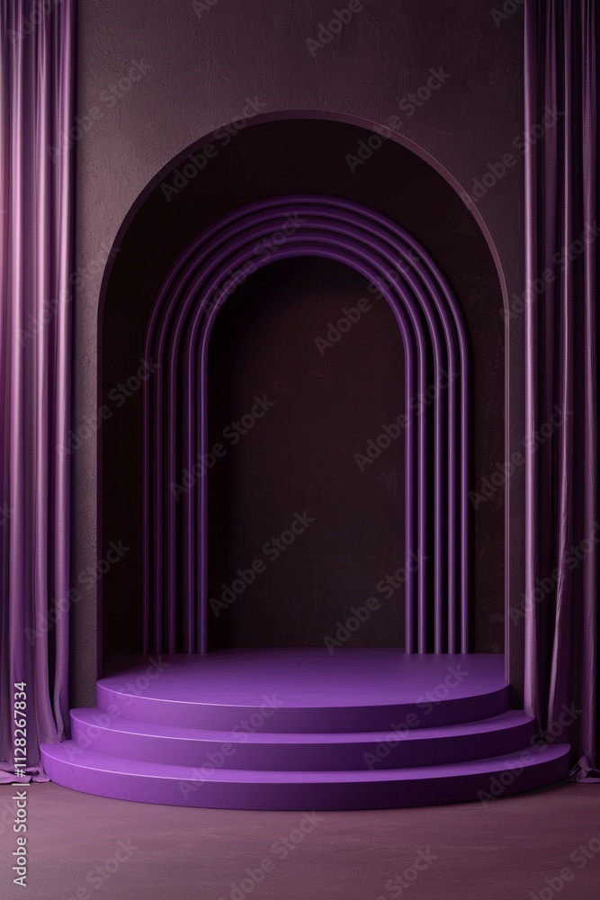 Purple podium scene with an arch and purple curtain, creating a sense of depth. The background is dark brown Purple podium scene with an arch and purple curtain, creating a sense of depth. The background is dark brown