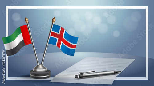 United Arab Emirate and Iceland National flags on small table with bokeh background, cooperative relationship