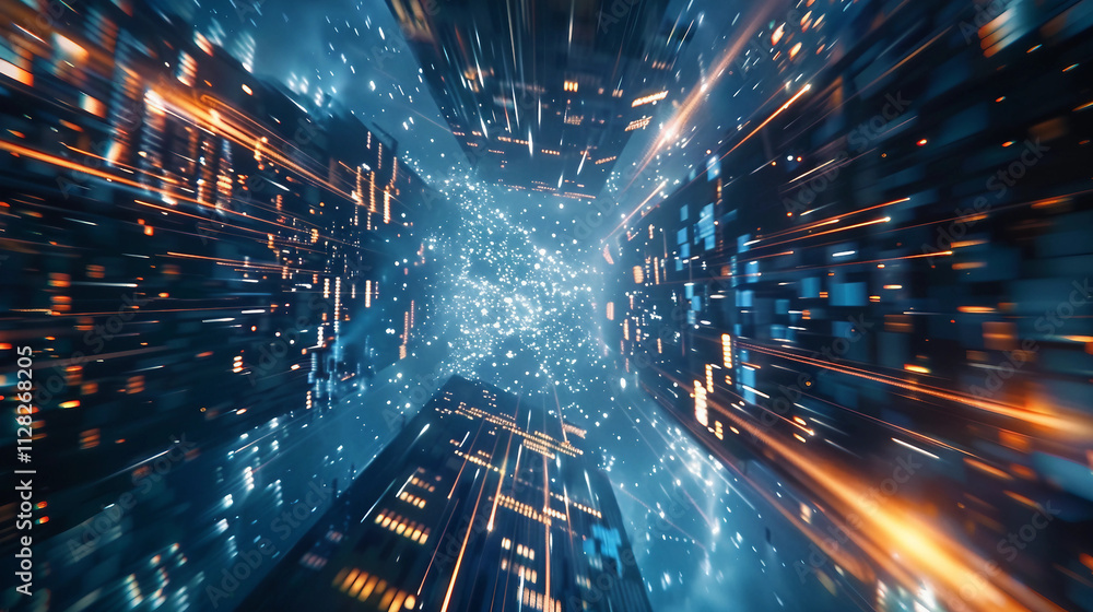 3D rendering of warp speed in a hyper loop through a futuristic mega city glowing with blur lights at night, showcasing next-gen technologies like 5G networks, fintech, AI, machine learning. 3D rendering of warp speed in a hyper loop through a futuristic mega city glowing with blur lights at night, showcasing next-gen technologies like 5G networks, fintech, AI, machine learning.