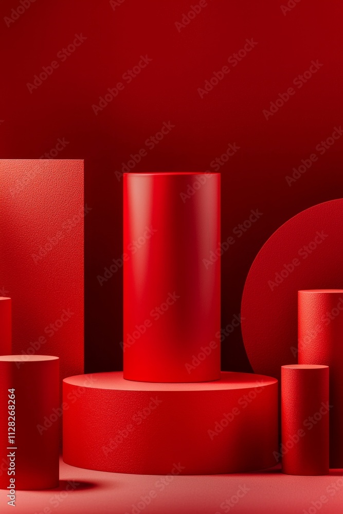 Red background, minimalist style, a medium size red cylinder surrounded by small cylindrical boxes and podiums, with soft lighting and shadow effects. Red background, minimalist style, a medium size red cylinder surrounded by small cylindrical boxes and podiums, with soft lighting and shadow effects.