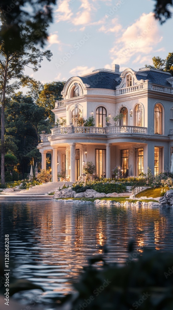Classical palace reflected in a water garden Classical palace reflected in a water garden