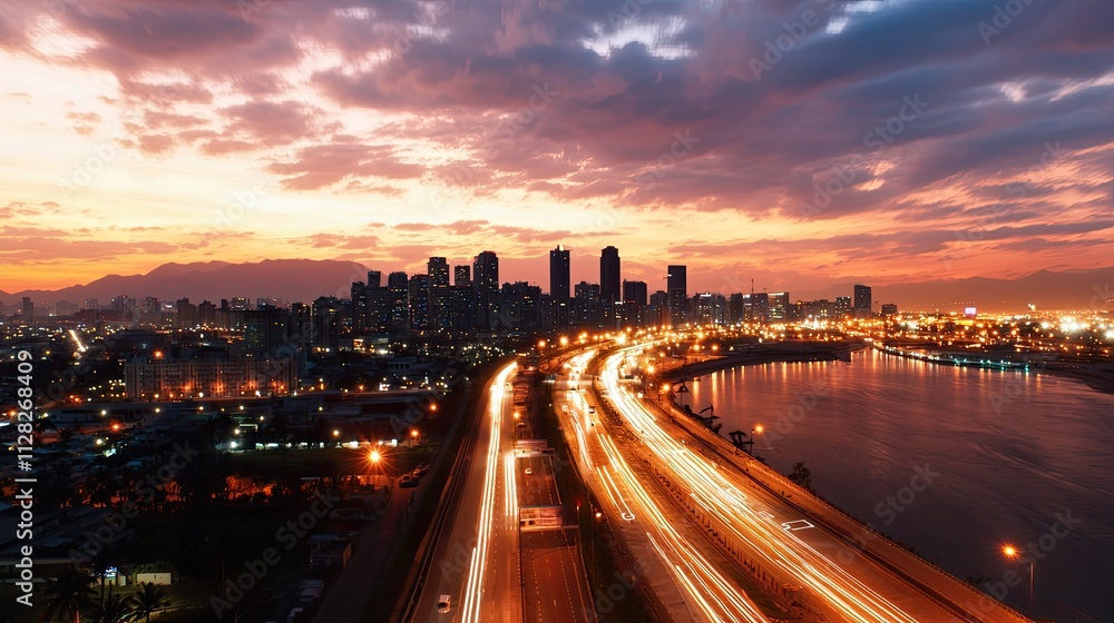 Obraz premium digital transformation automation connectivity City skyline at sunset with flowing traffic and reflections on the river.