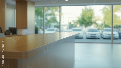 modern car rental office with sleek counters and blurred backdrop of parked vehicles outside