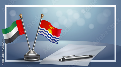 United Arab Emirate and Kiribati National flags on small table with bokeh background, cooperative relationship