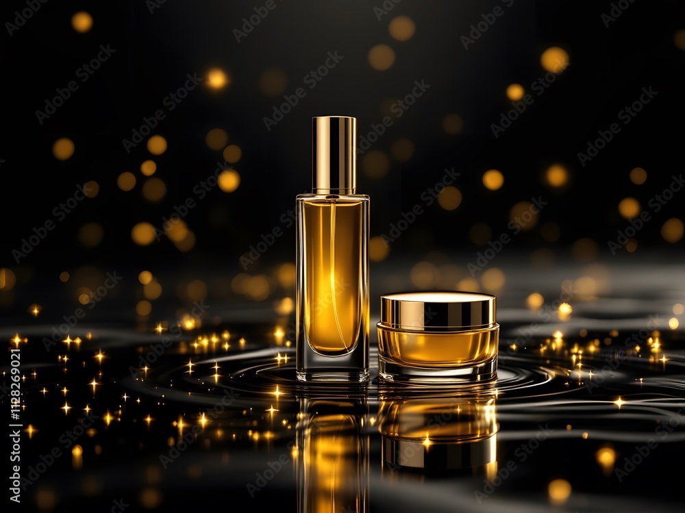 Luxurious Golden Perfume Bottle and Cream Jar on Sparkling Background. mockup image
Luxurious Golden Perfume Bottle and Cream Jar on Sparkling Background. mockup image